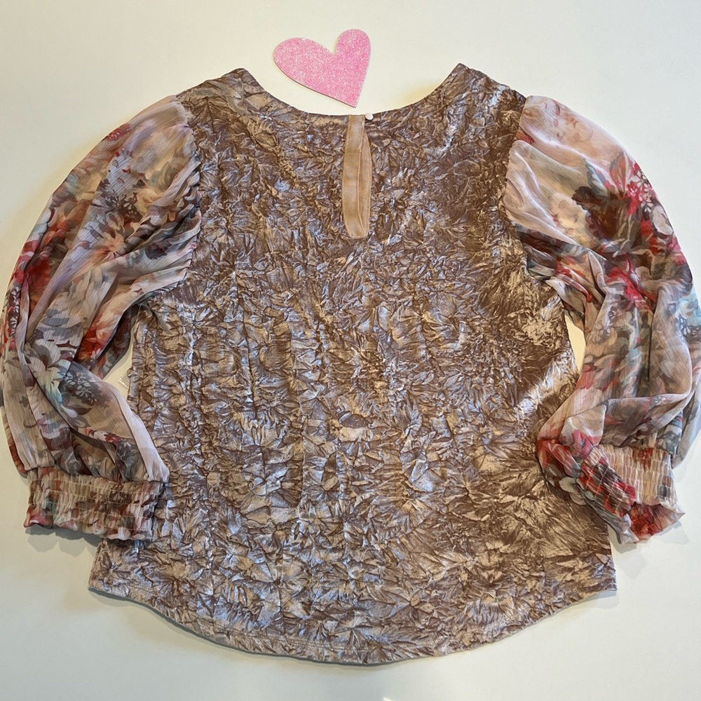 Meadow Rue for Anthropologie Crushed Velvet Top with Floral Sleeves Size L NWT - Picture 7 of 11